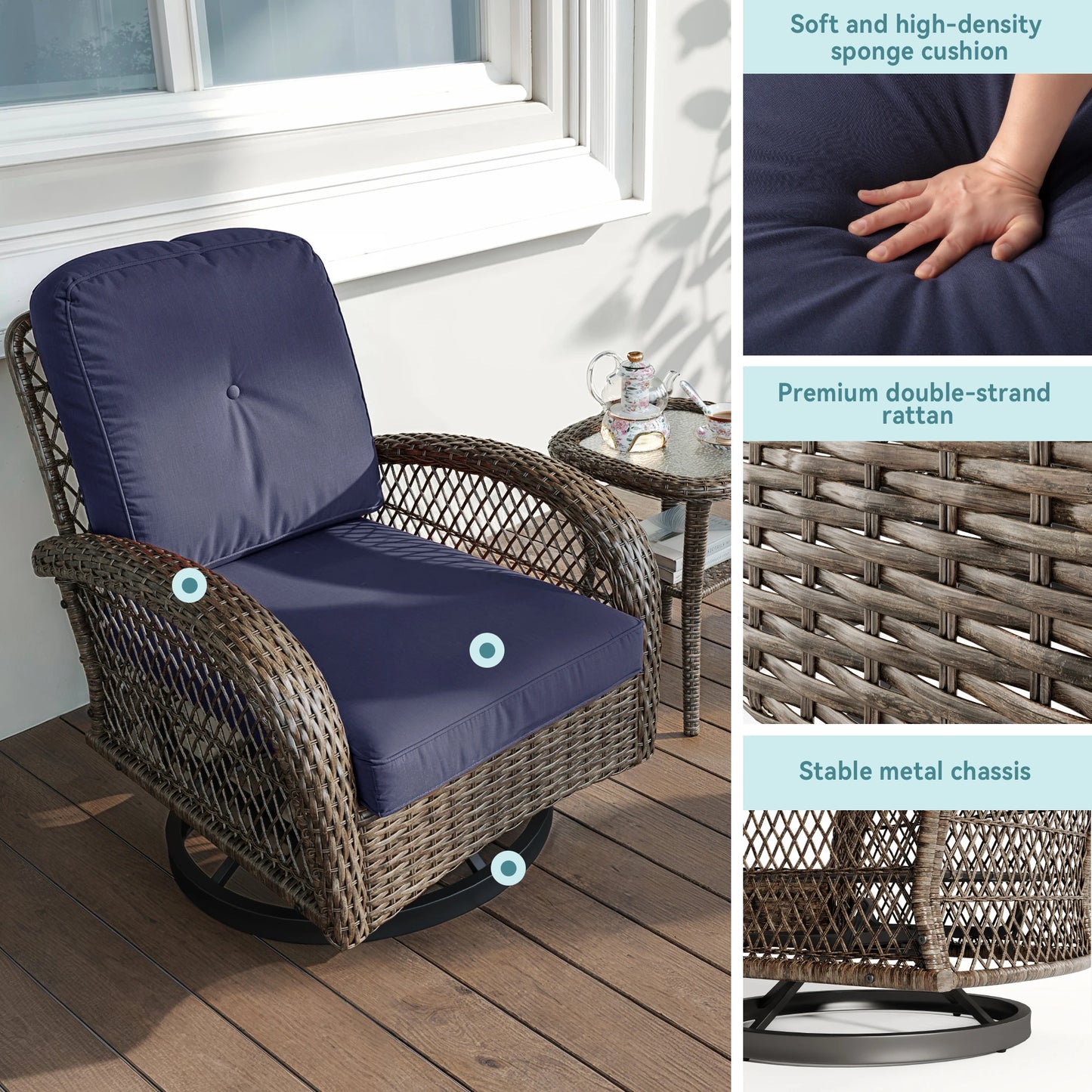 Hoomic 3 Piece Patio Furniture Set with Padded Cushions
