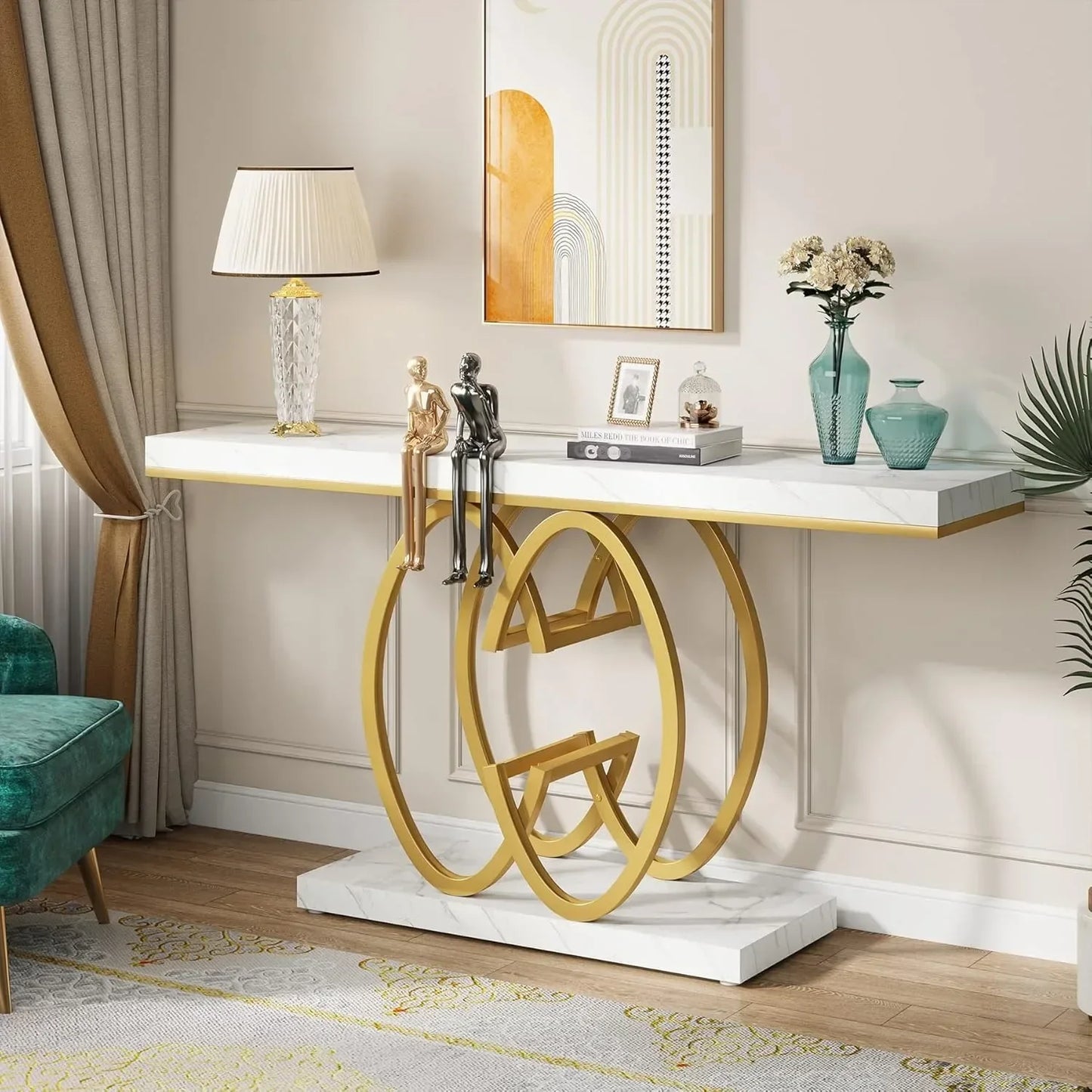 55 Inch Console Table With Geometric Metal Base White Gold
