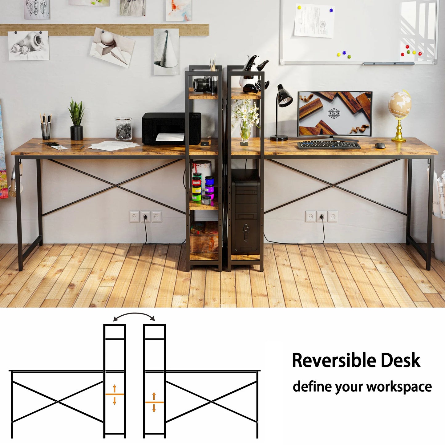IRONCK Computer Desk 47" with Power Outlet & Storage Shelves, Study Writing Table with USB Ports Charging Station