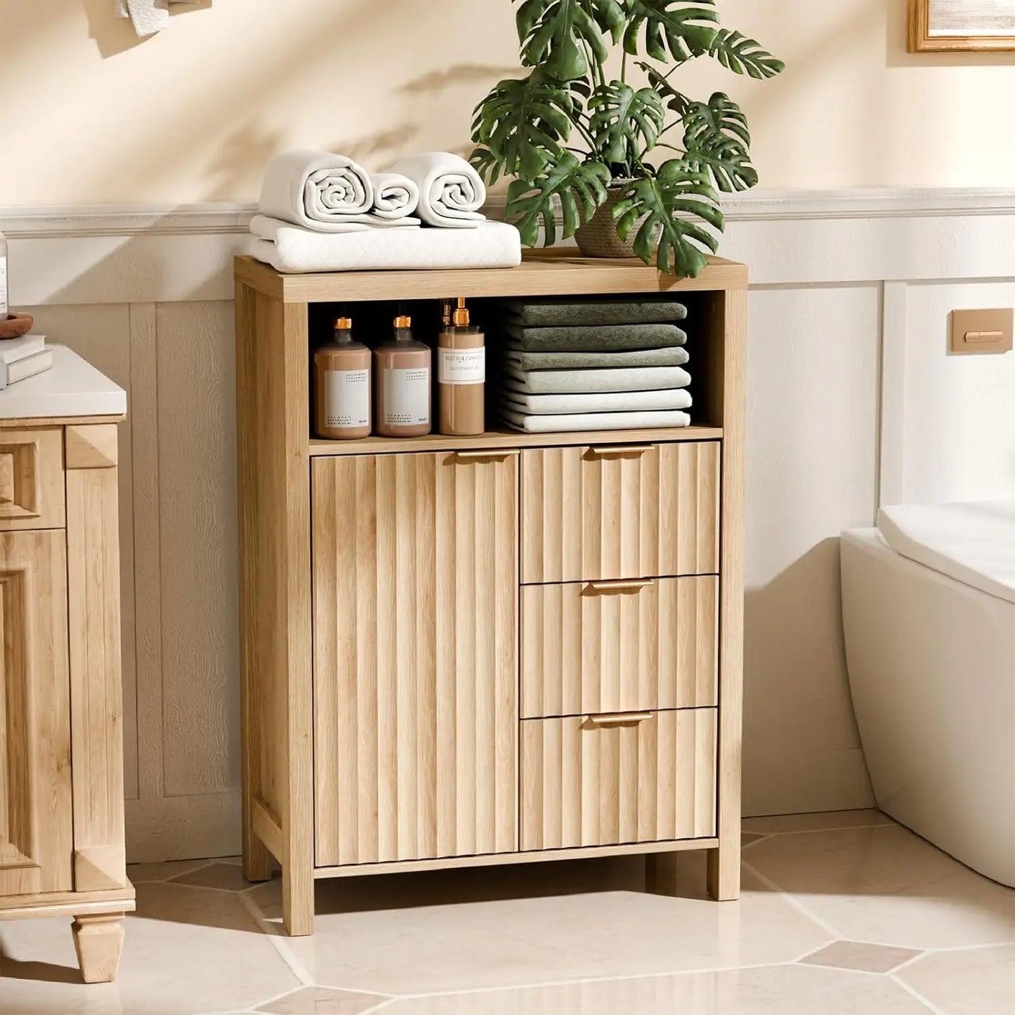 Fluted Bathroom Floor Storage Cabinet with Fluted Door 3 Drawers,Modern 12 Inch Deep Short Bathroom Storage Cabinet, Customized