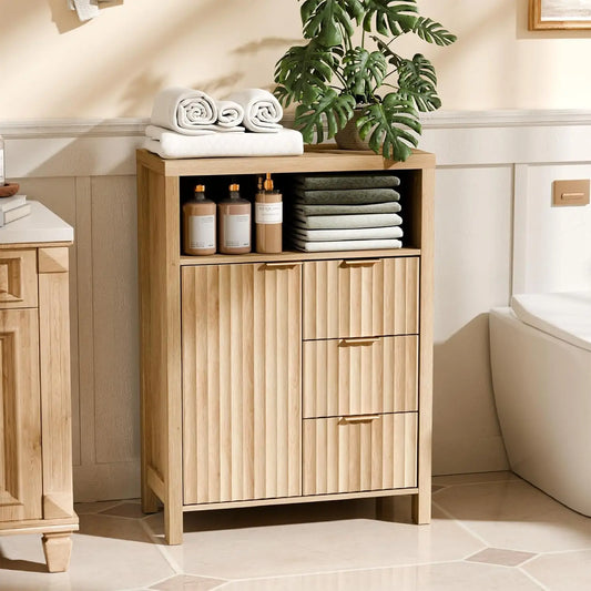 Fluted Bathroom Floor Storage Cabinet with Fluted Door 3 Drawers,Modern 12 Inch Deep Short Bathroom Storage Cabinet, Customized