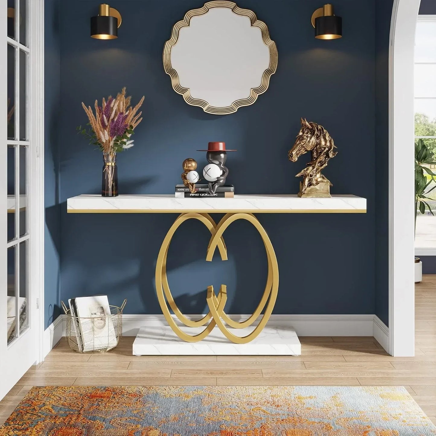 55 Inch Console Table With Geometric Metal Base White Gold