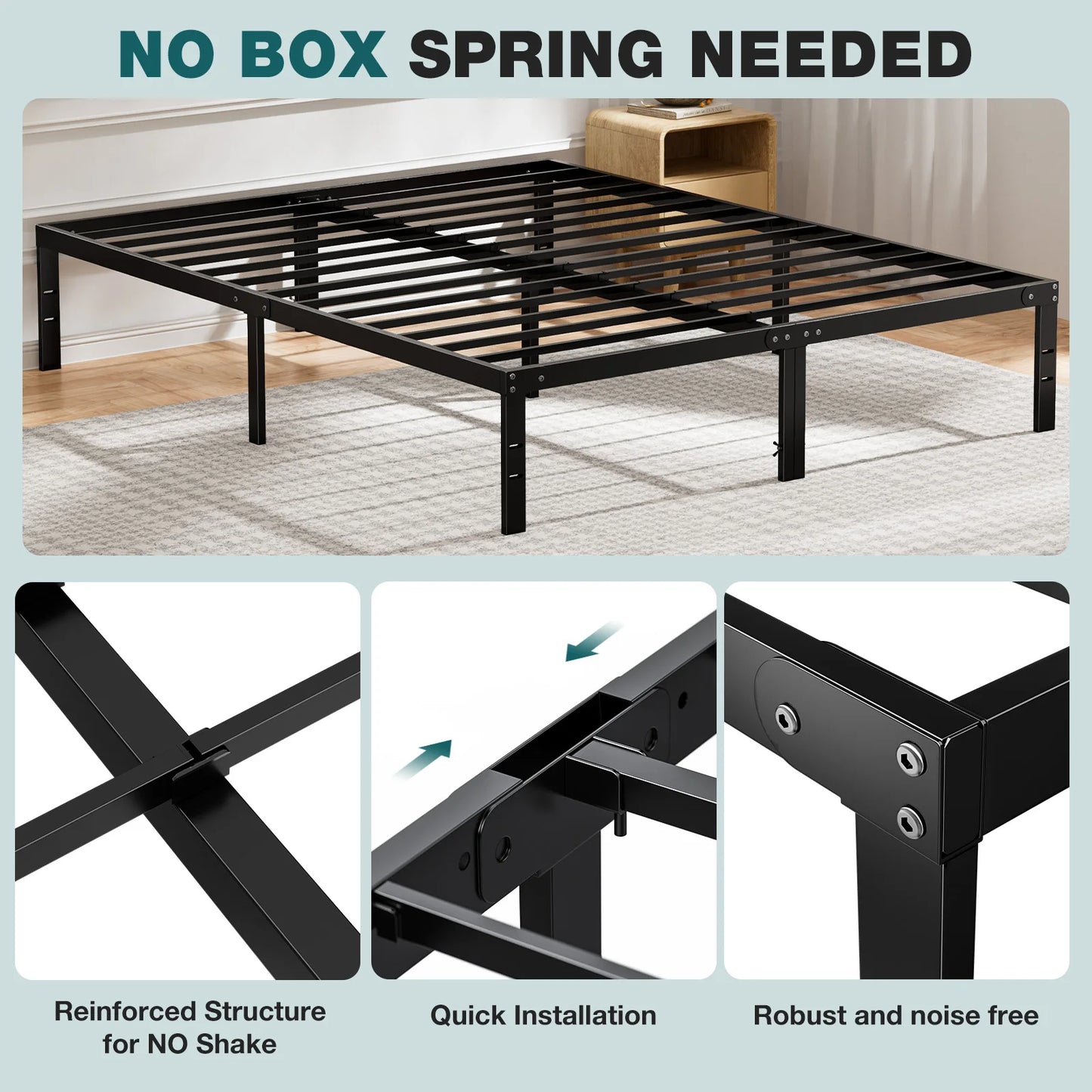 SturdyIndustrialGrade Metal Platform Bed Frame ReinforcedSlat TwinFullQueenKing NoToolsNeeded EasyAssembly WobbleFree