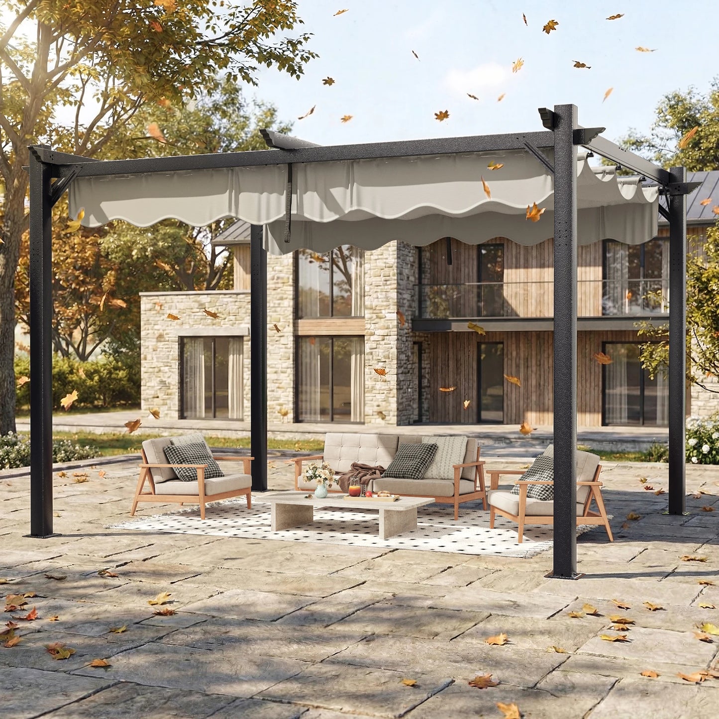 10x12FT Outdoor Aluminum Pergola, with Retractable Canopy and Anchoring Stand, Backyard