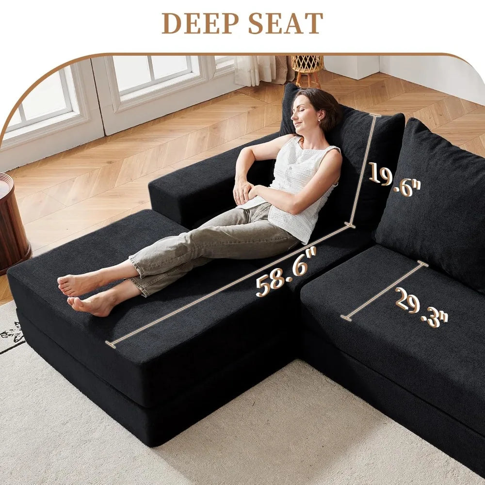 108'' Modular Sectional Couch, Modern 3-Seater Boneless Cloud Sleeper Sofa, L-Shaped Convertible Sectional with, Customized