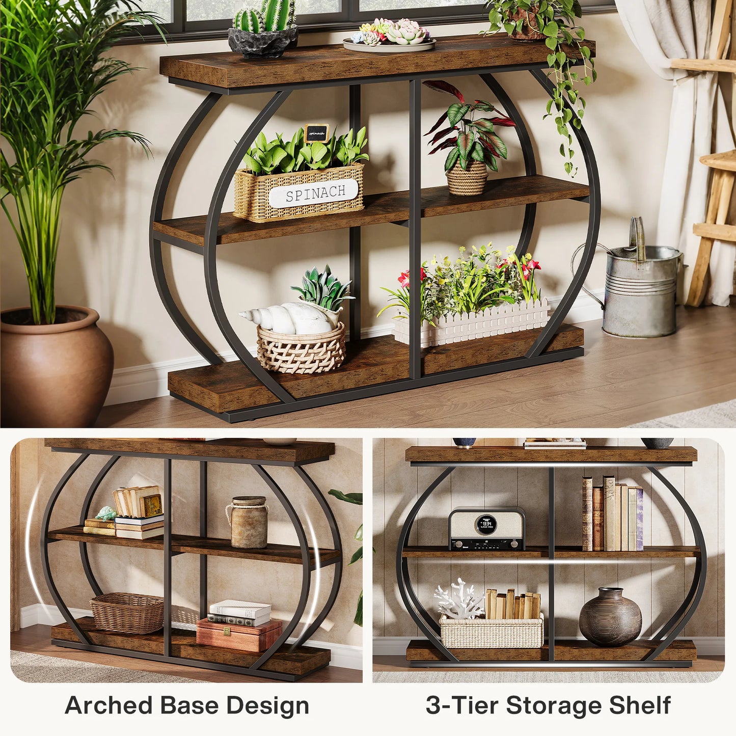 Industrial Console Table With Arched Metal Frame And Storage Shelves