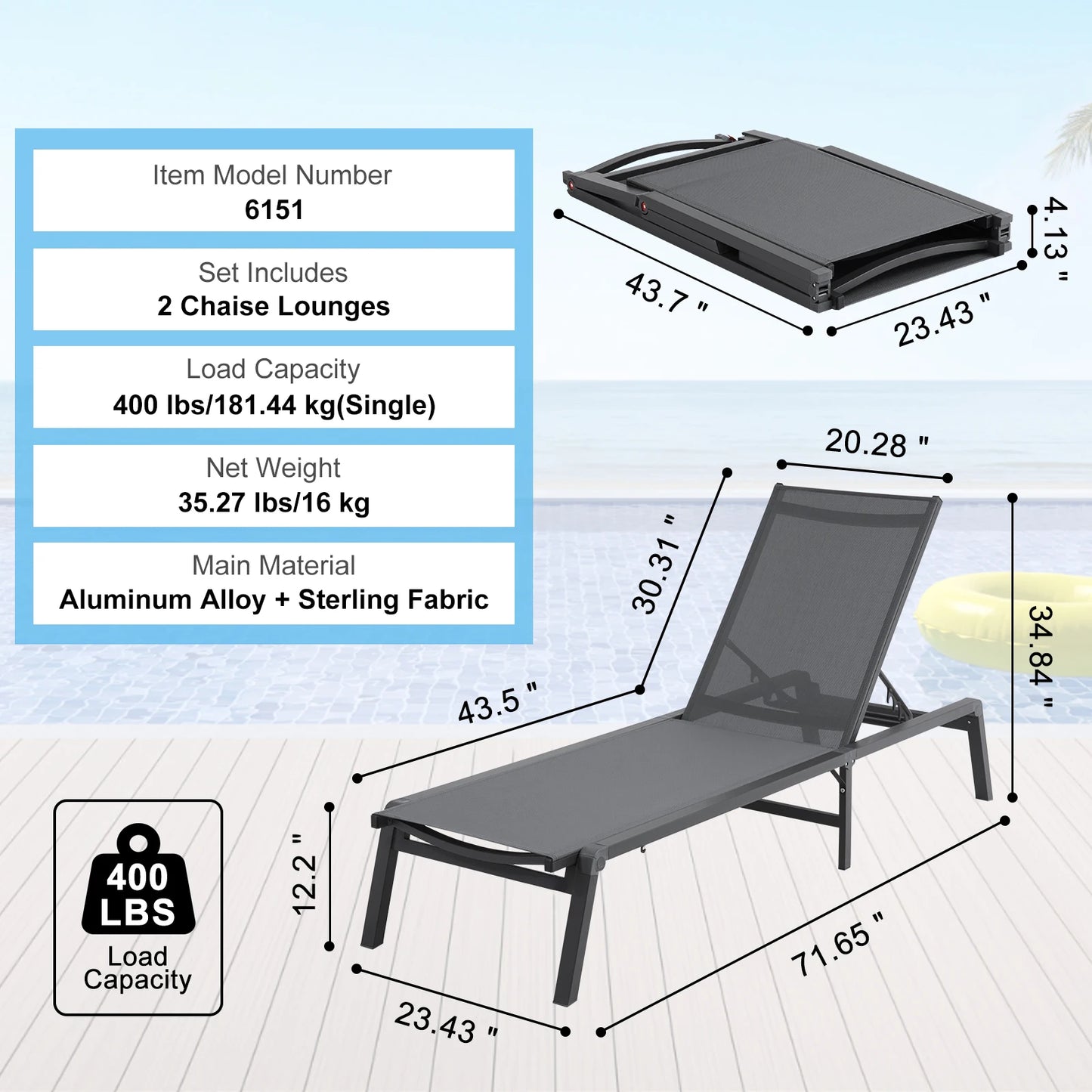 Outdoor Aluminum Chaise Lounge Chair Folding Pool Recliner