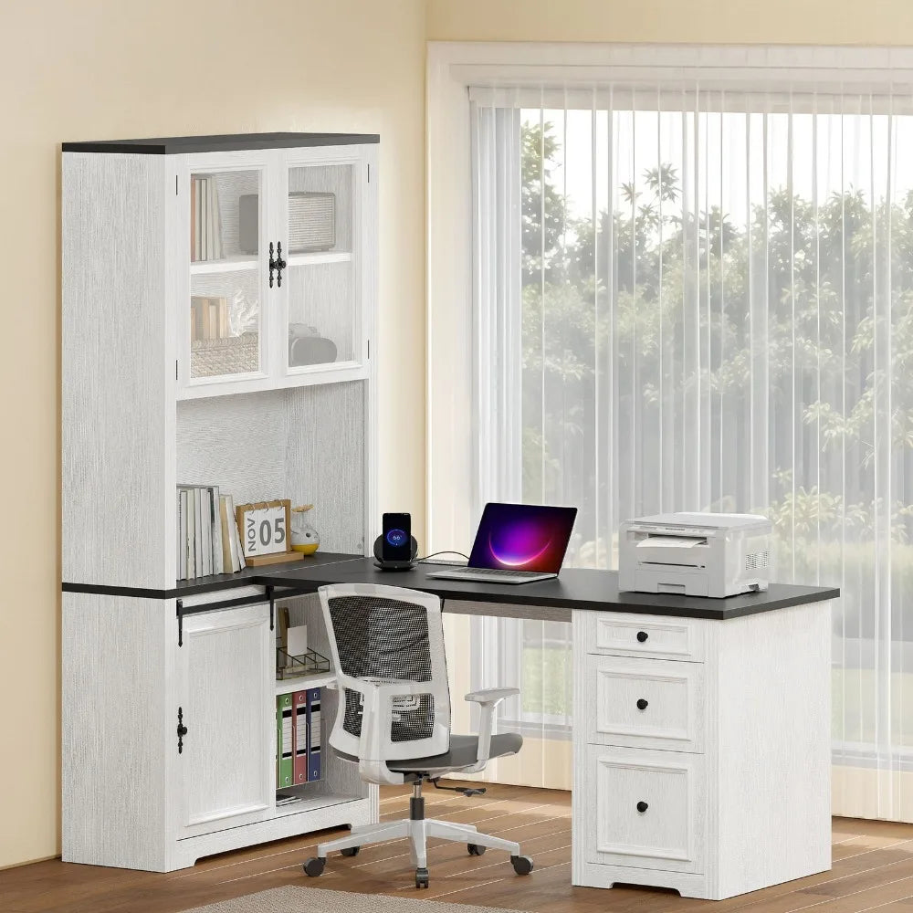 White L Shaped Executive Desk With Power Outlet And Drawers