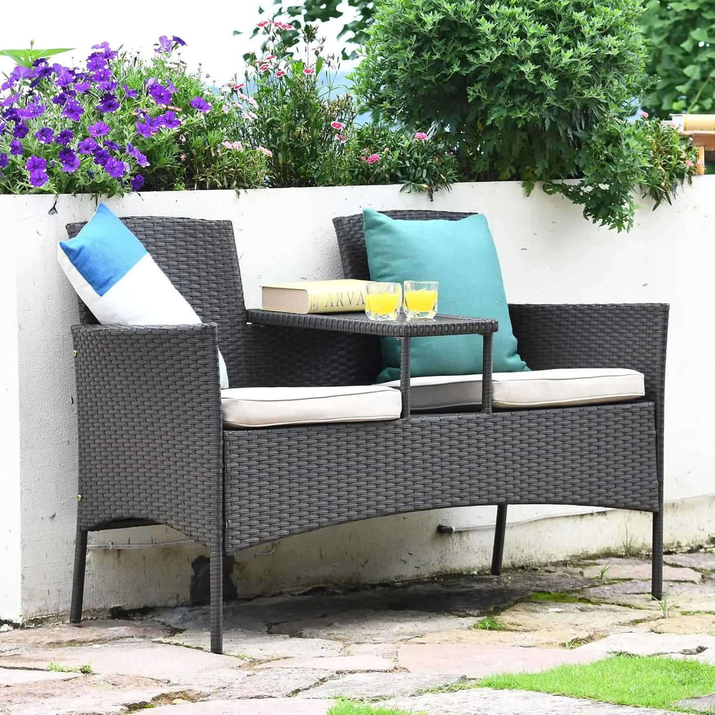 Outdoor Rattan Loveseat Patio Set With Cushions And Table Weatherproof