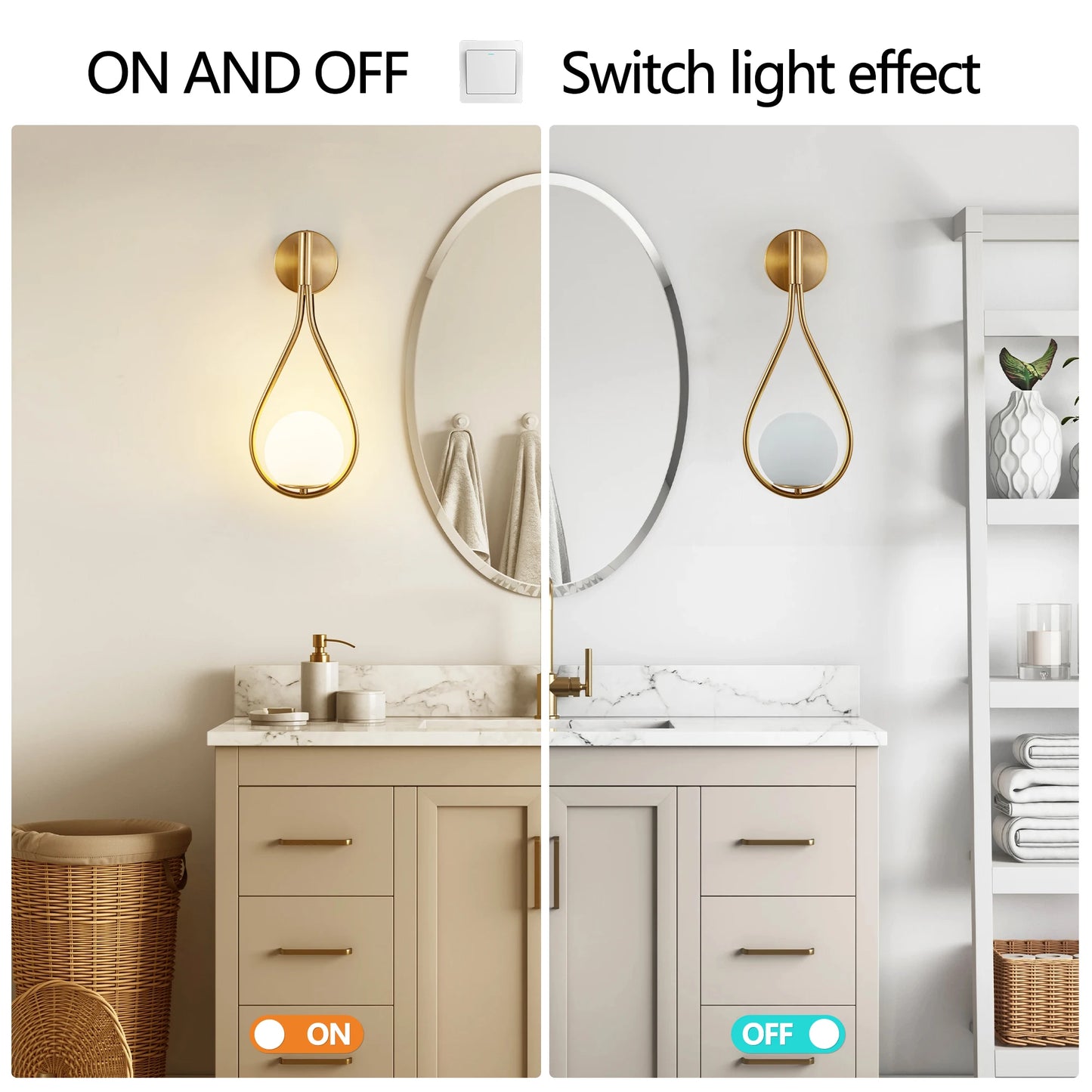 Set of 2 Modern Golden Wall Sconces with Opal Glass Globe, Mid-Century Design, Luxury Wall Lights for Bedroom, Living Room, etc
