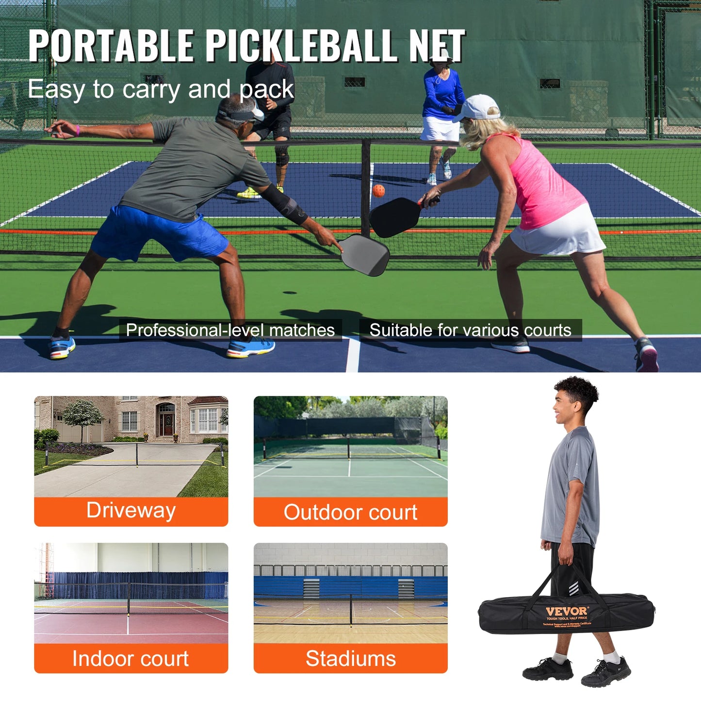 Portable Pickleball Net System 22Ft Full Court Pro Plus
