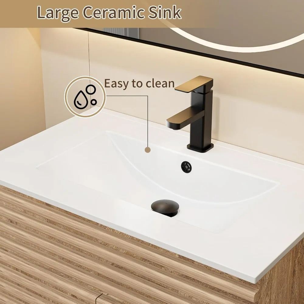 30 Bathroom Vanity with Sink Combo, Mid-Century Storage Cabinet with Wood Stripes, Ceramic Sink and Water Saving Faucet