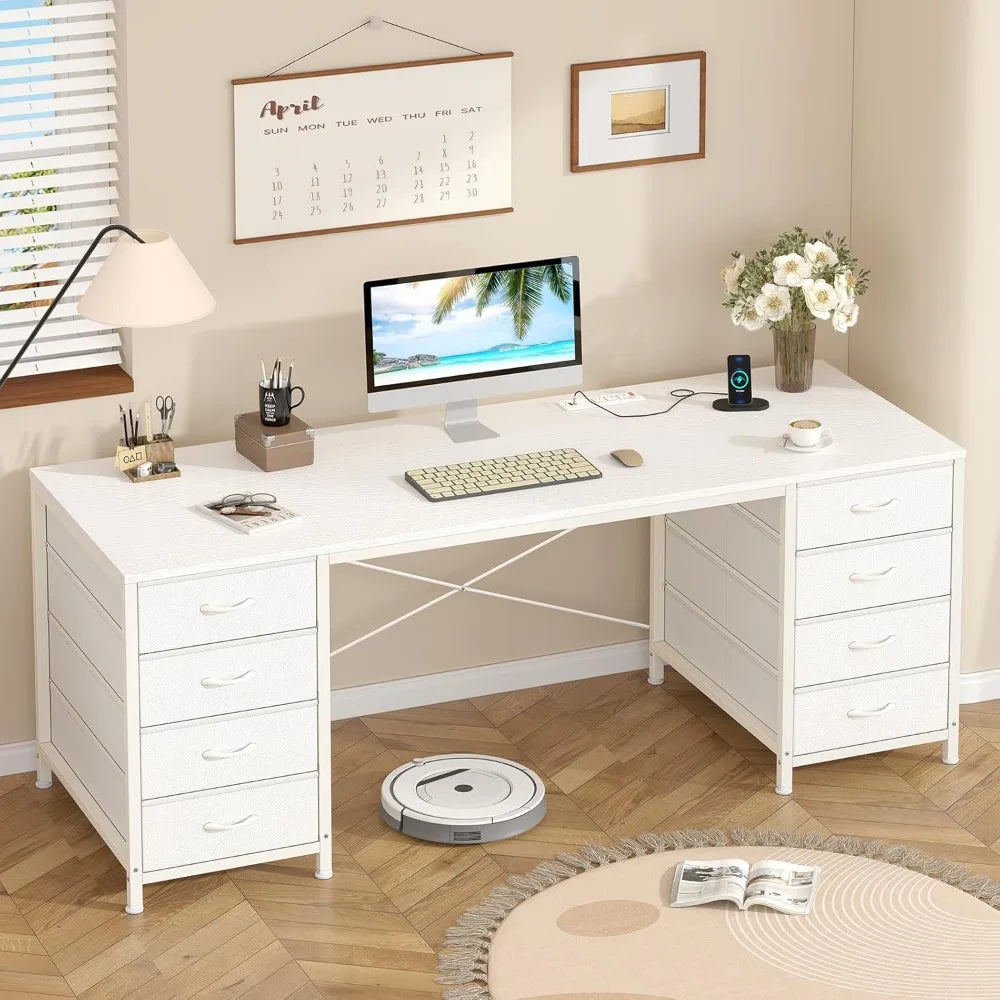 60 Inch Computer Desk with 8 Drawers, Home Office Desk with Power Outlets, Work Study Gaming Desk with 8 Fabric Drawers
