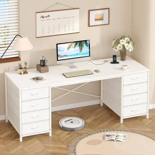 60 Inch Computer Desk with 8 Drawers, Home Office Desk with Power Outlets, Work Study Gaming Desk with 8 Fabric Drawers