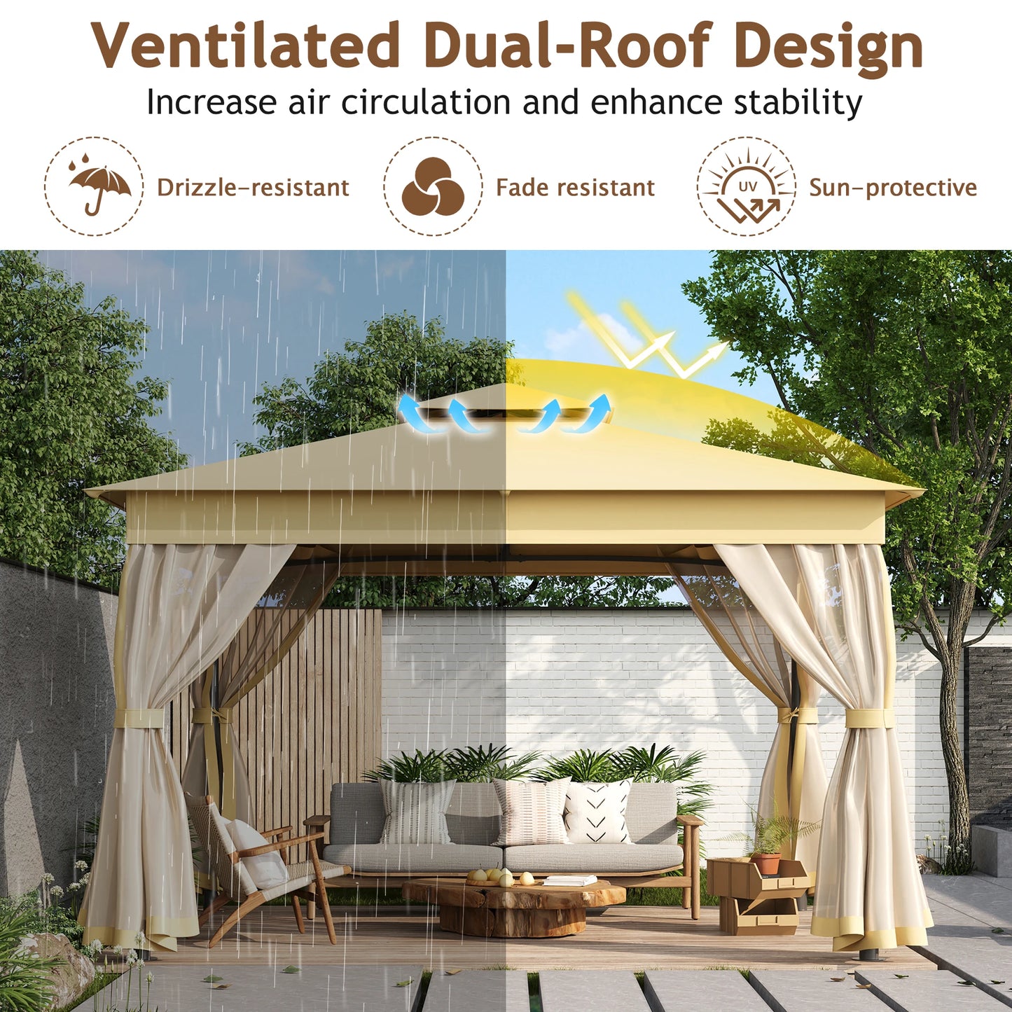 Durable Steel Frame Patio Gazebo With Sun Shade Top