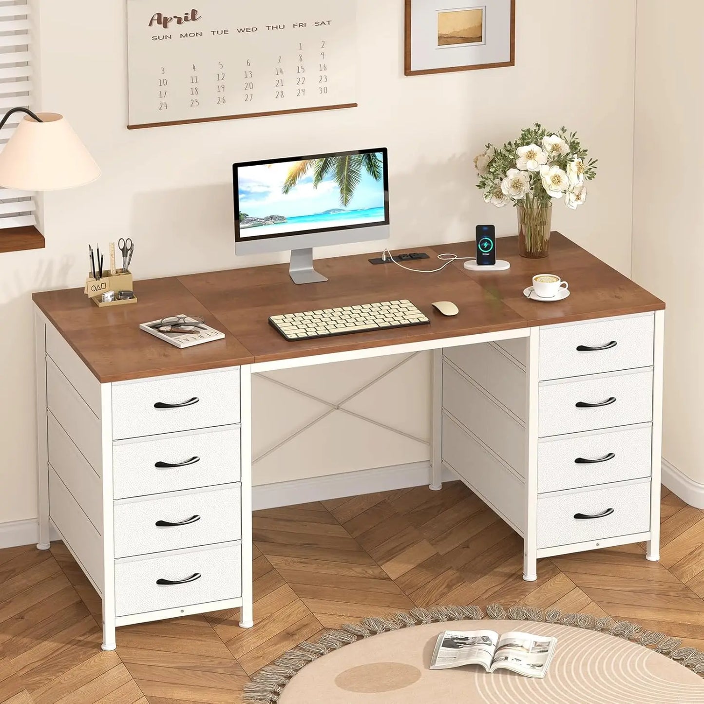 60 Inch Computer Desk with 8 Drawers, Home Office Desk with Power Outlets, Work Study Gaming Desk with 8 Fabric Drawers