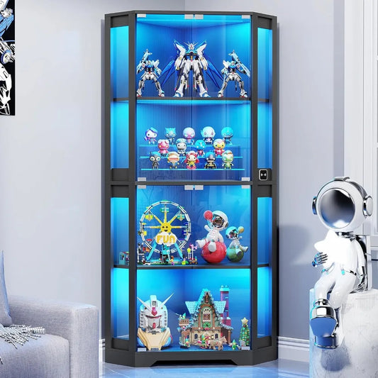 Corner Curio Cabinet With Glass Doors And LED Lights