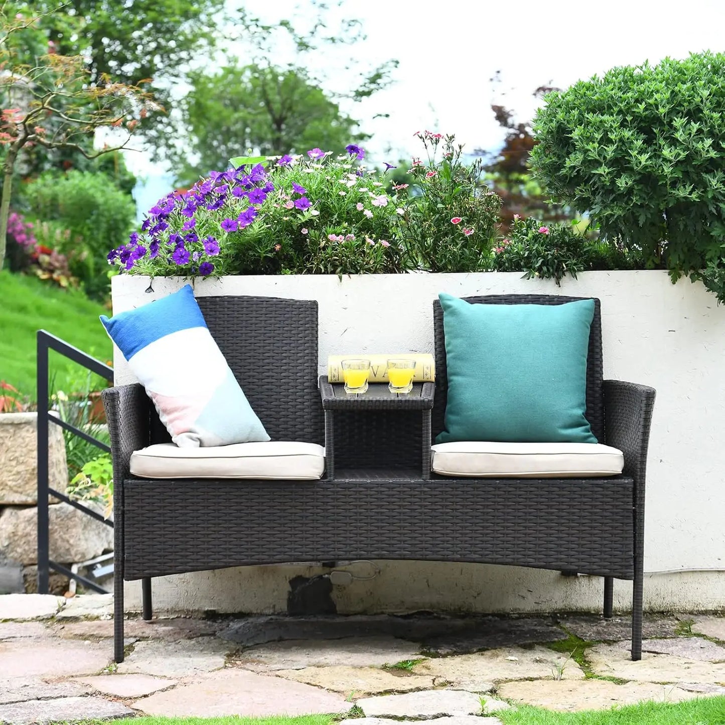 Outdoor Rattan Loveseat Patio Set With Cushions And Table Weatherproof