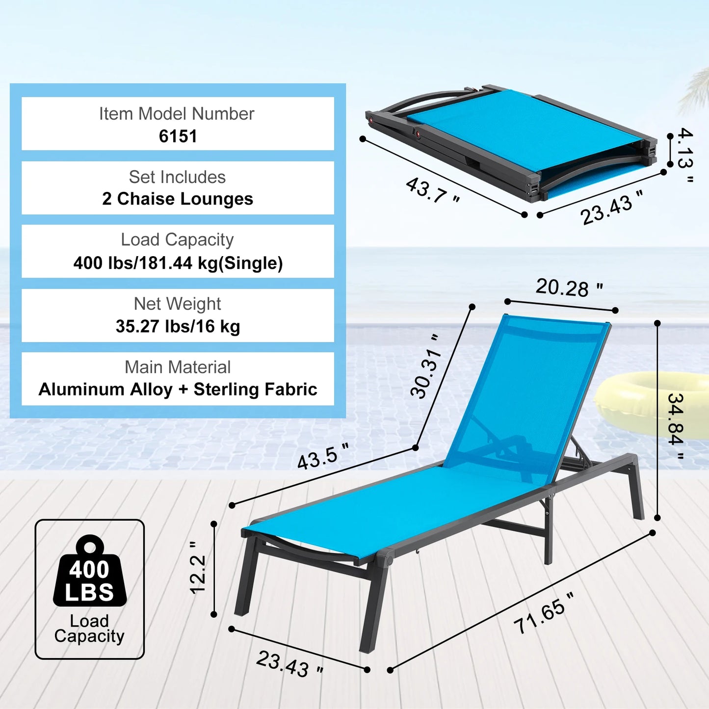 Outdoor Aluminum Chaise Lounge Chair Folding Pool Recliner