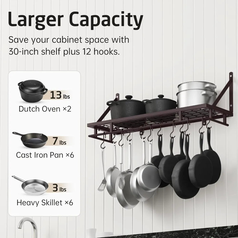KES 30-Inch Oiled Bronze Pot Rack, Wall Mounted Hanging Pot and Pan Organizer with 12 Sturdy Hooks, Kitchen Wall Hanger