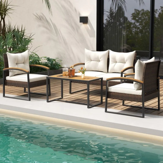 Outdoor Rattan Sofa Set With Tabletop And Cushions