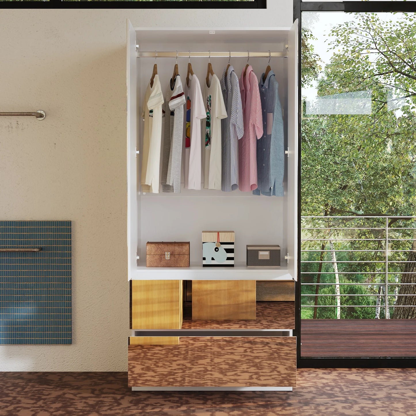 Modern Mirror Wardrobe Closet With Drawers And Hanging Rod
