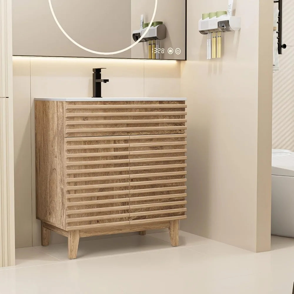 30 Bathroom Vanity with Sink Combo, Mid-Century Storage Cabinet with Wood Stripes, Ceramic Sink and Water Saving Faucet