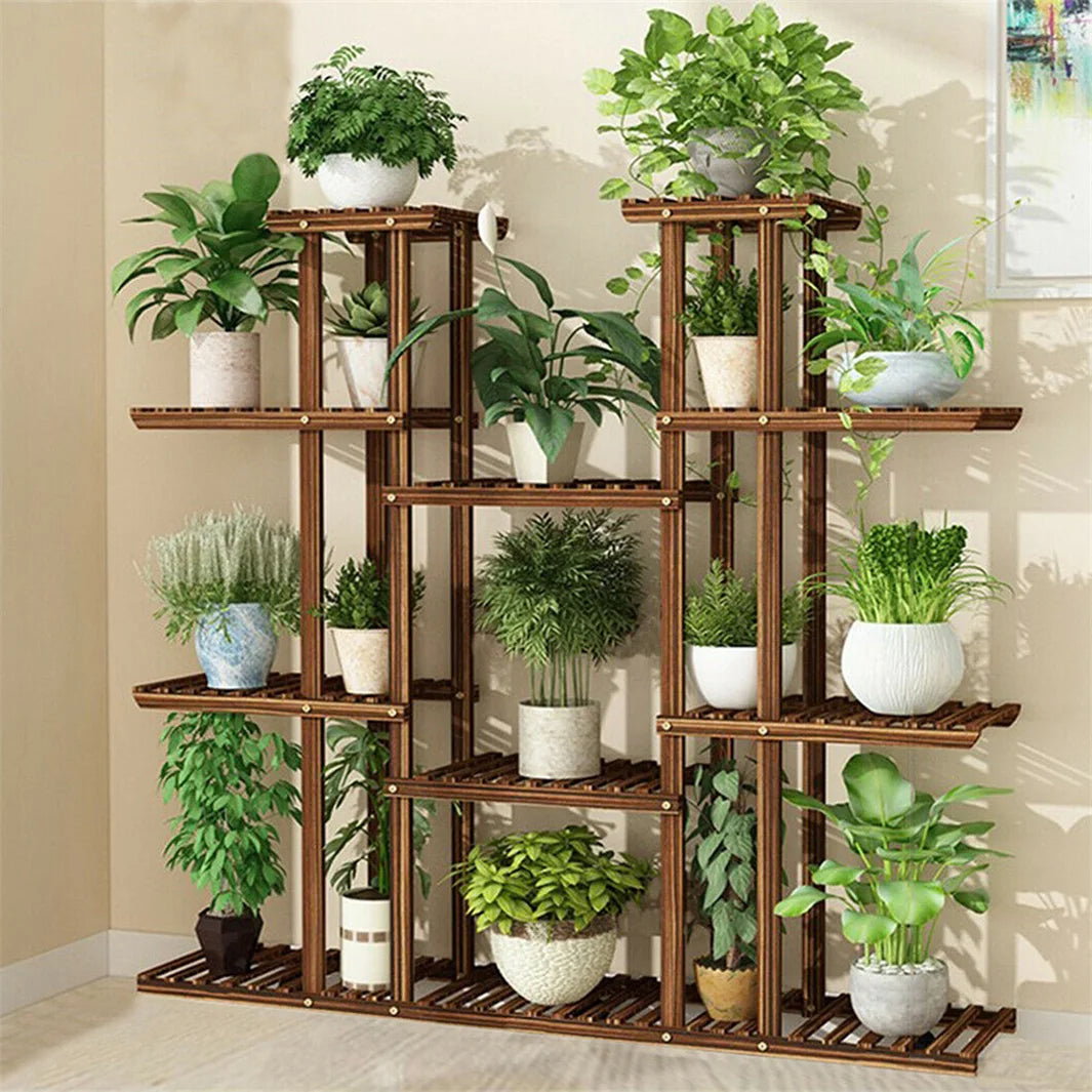 Carbonized 11 Tier Wood Plant Stand For Indoor Outdoor Display