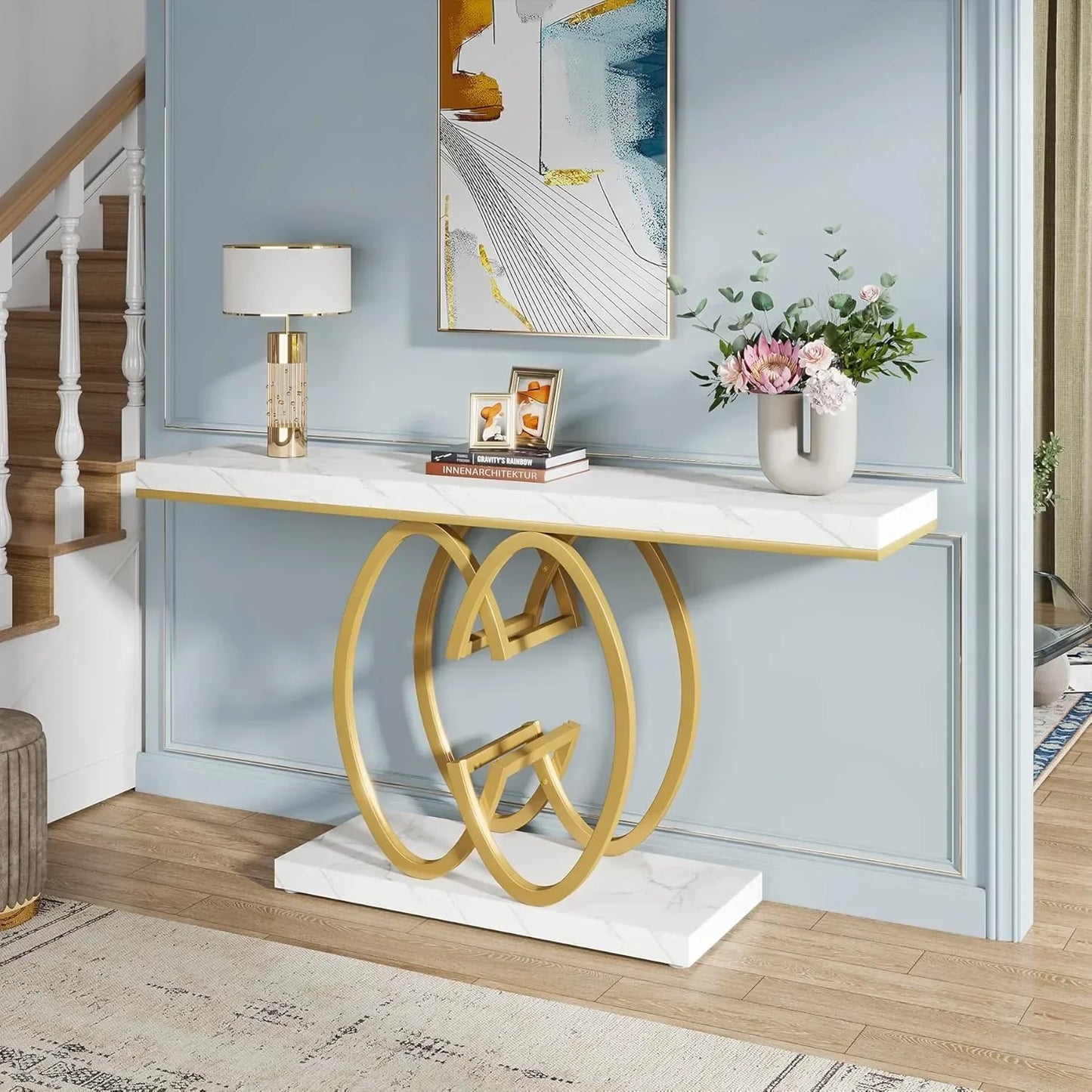 55 Inch Console Table With Geometric Metal Base White Gold