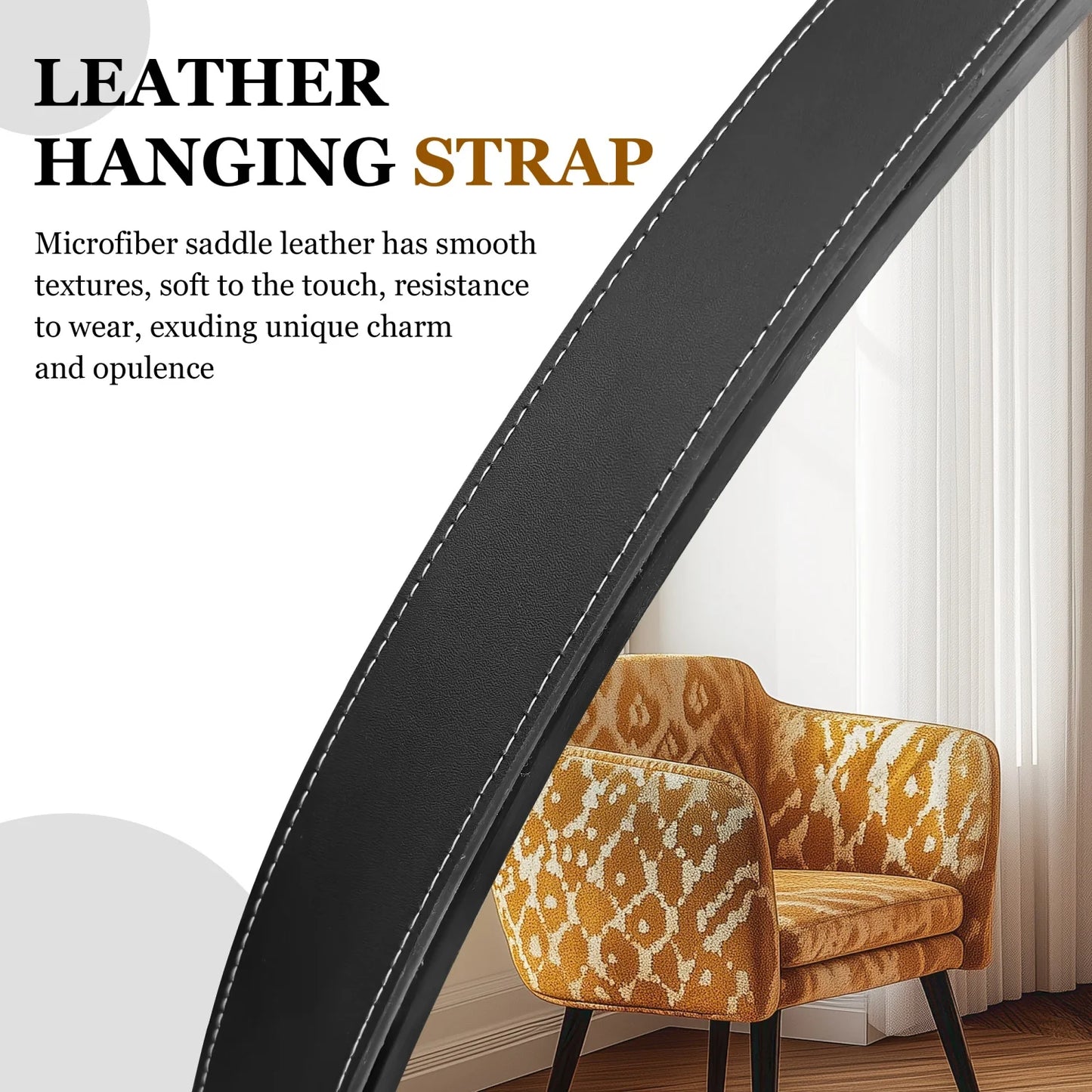 Black/Gold Round Mirror Wall Circle Vanity Mirror with Brushed Aluminum and Leather Strap for Entryway, Bathroom 60/70/80CM