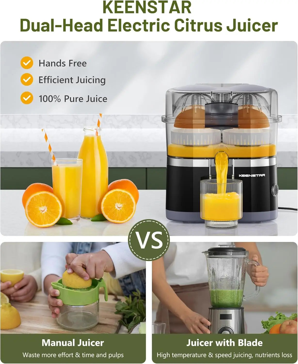 Dual-Head Electric Citrus Juicer, Portable Orange Squeezer with Cleaning Brush, High Juice Yield, Easy One-Touch Operation
