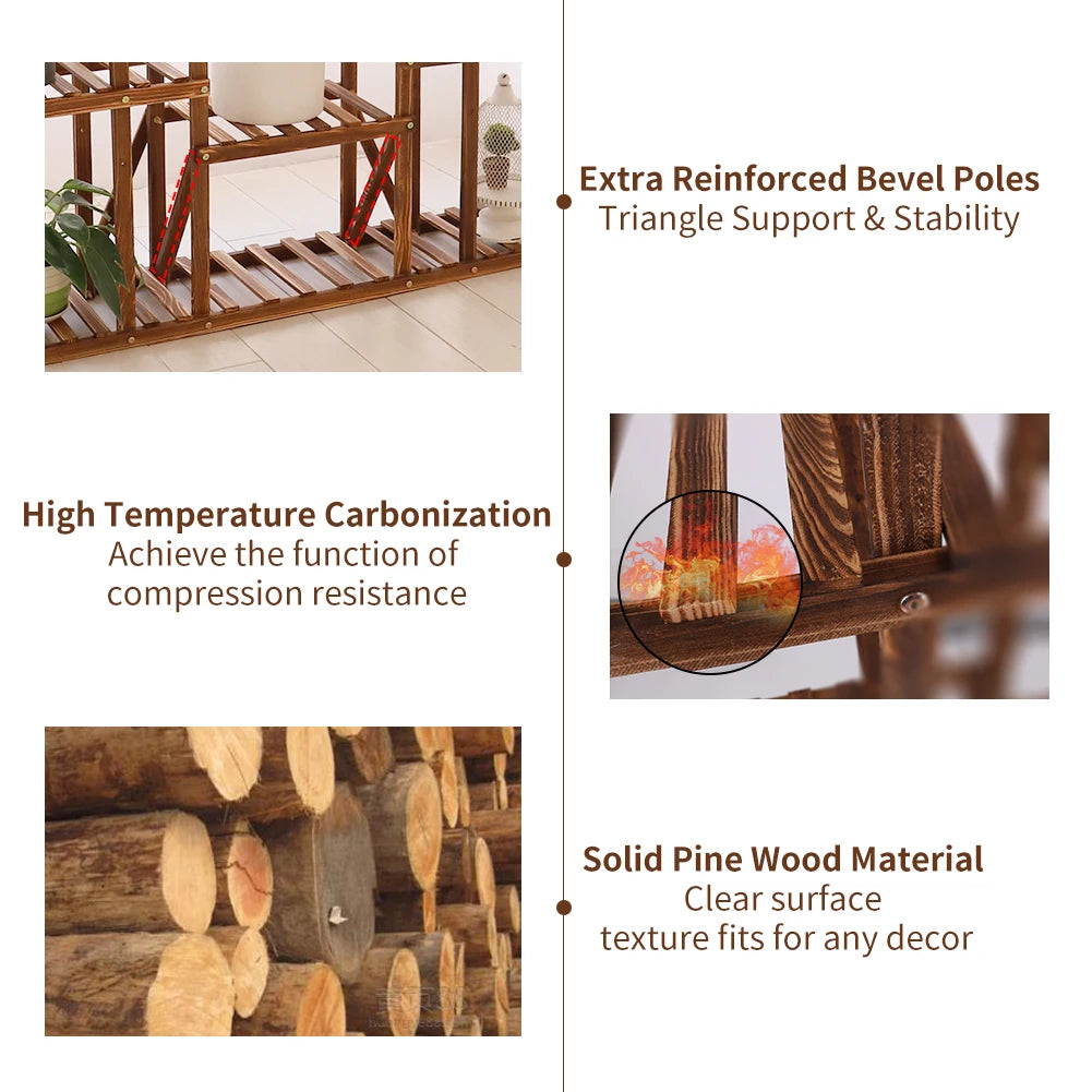 Carbonized 11 Tier Wood Plant Stand For Indoor Outdoor Display