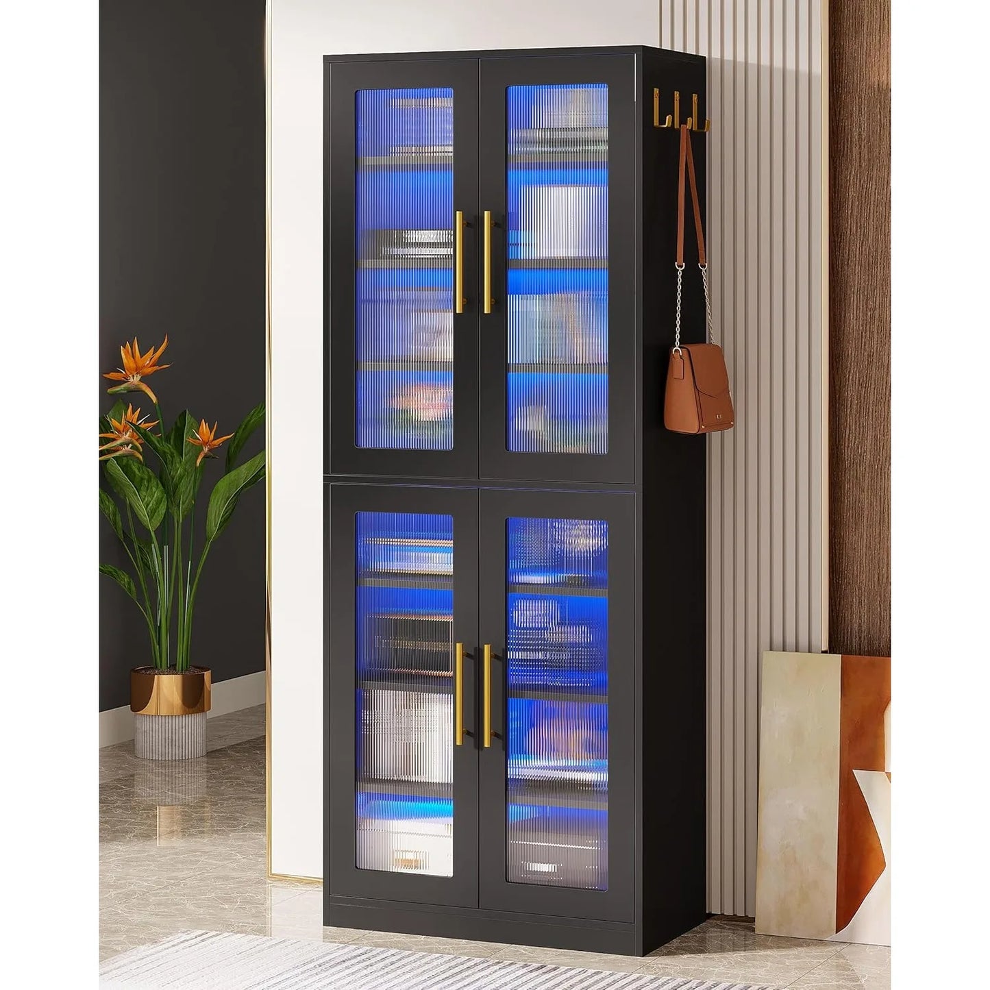 Bookcase with Doors and LED Light, 67-inch Tall Bookshelf with 8-Tier Shelves for Living Room, Bathroom, Office, Kitchen