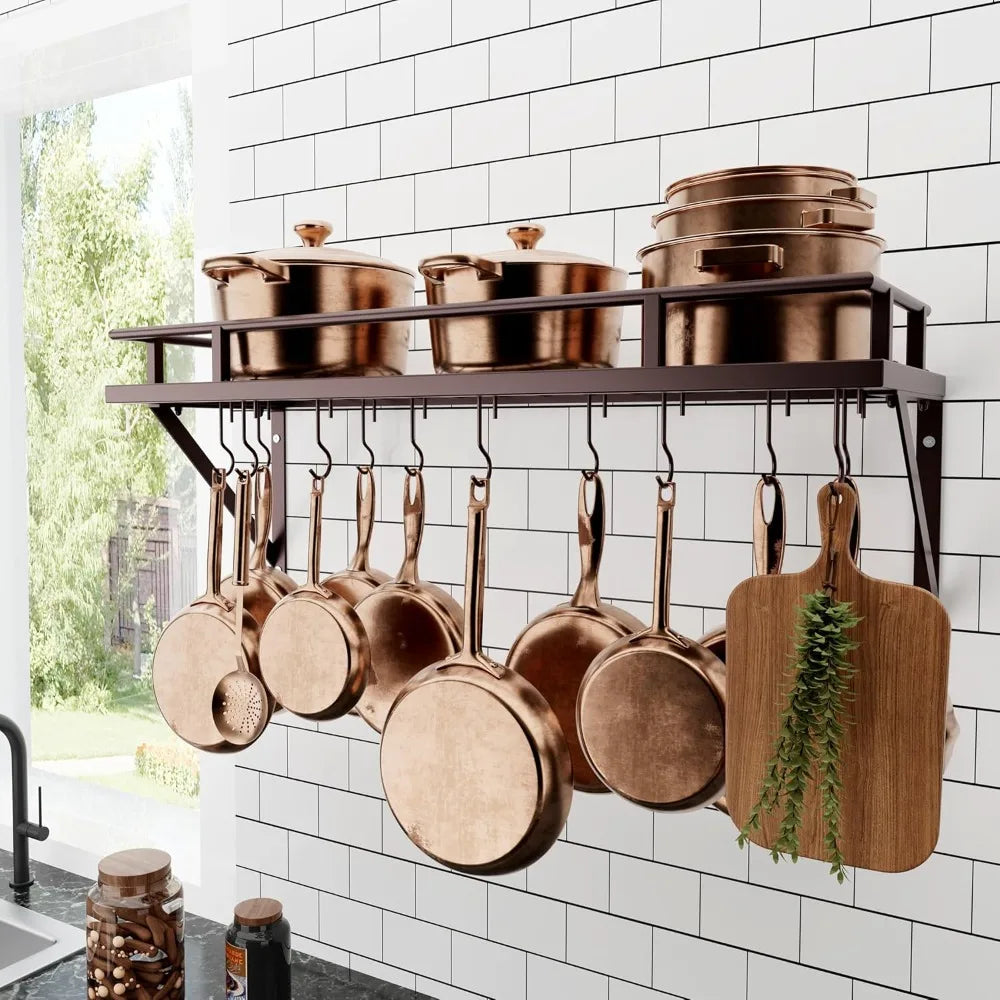 KES 30-Inch Oiled Bronze Pot Rack, Wall Mounted Hanging Pot and Pan Organizer with 12 Sturdy Hooks, Kitchen Wall Hanger