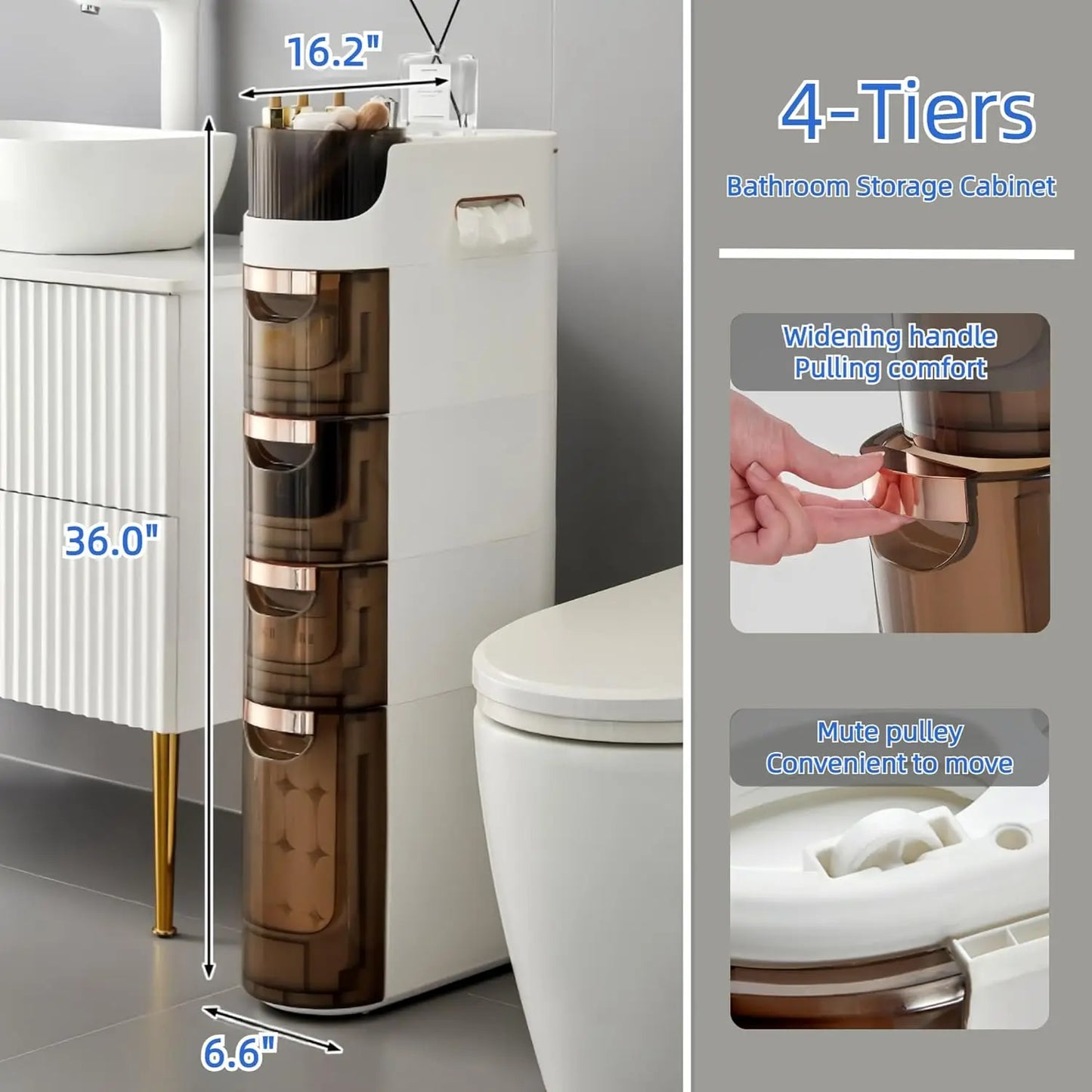 Slim 4-Tier Waterproof Bathroom Storage Cabinet with Drawers
