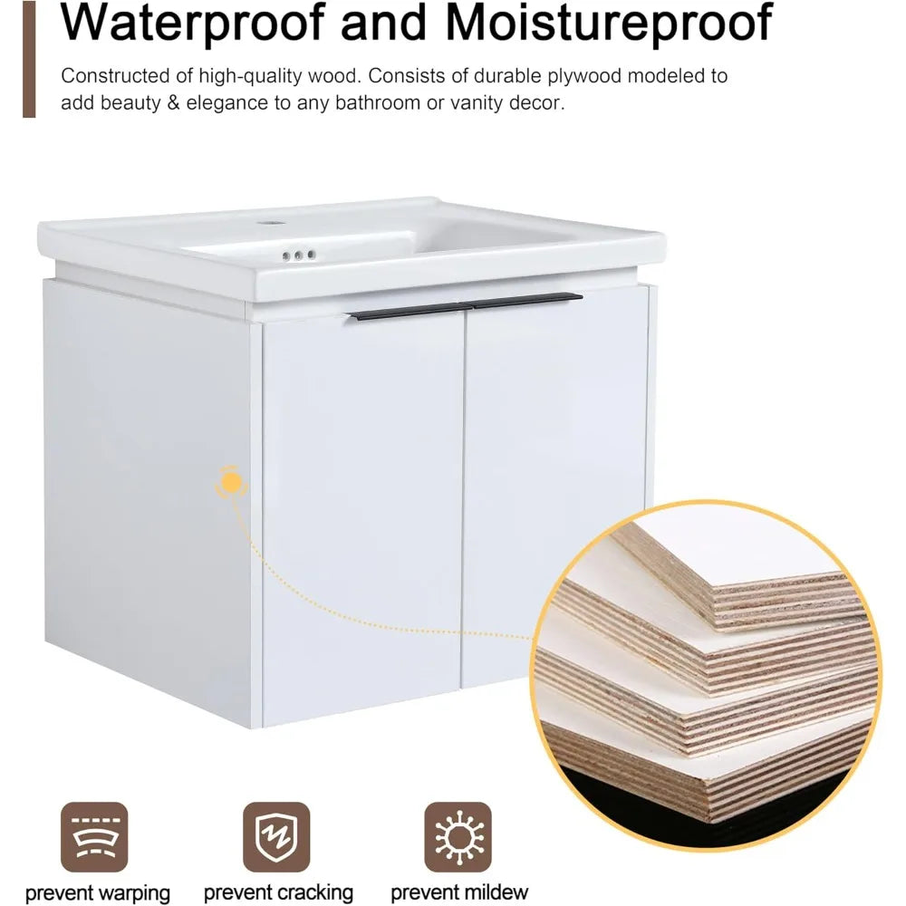 24 Floating Bathroom Vanity with Sink, 24 Inch Single Sink Wall Mounted Bathroom Vanity, with 2 Doors and White Ceramic B