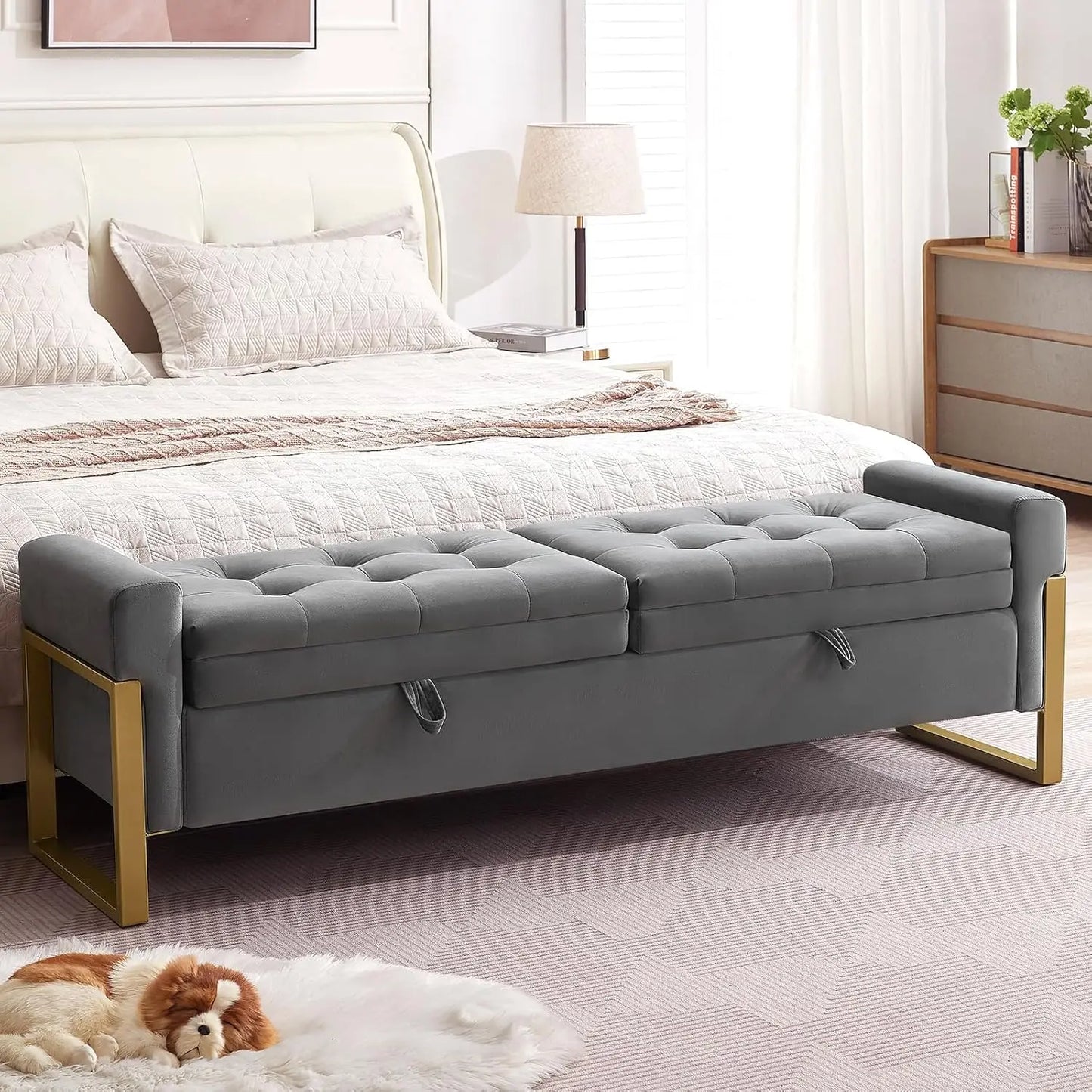 Supercalifragilisticexpialidocious Velvet Storage Bench With Goldtone Legs For Bedroom