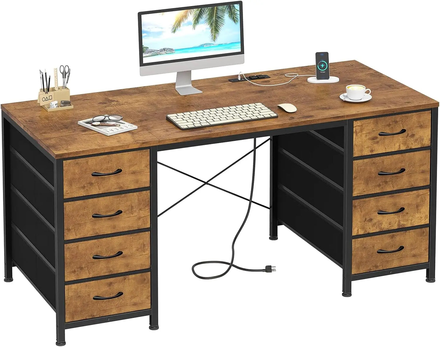 60 Inch Computer Desk with 8 Drawers, Home Office Desk with Power Outlets, Work Study Gaming Desk with 8 Fabric Drawers