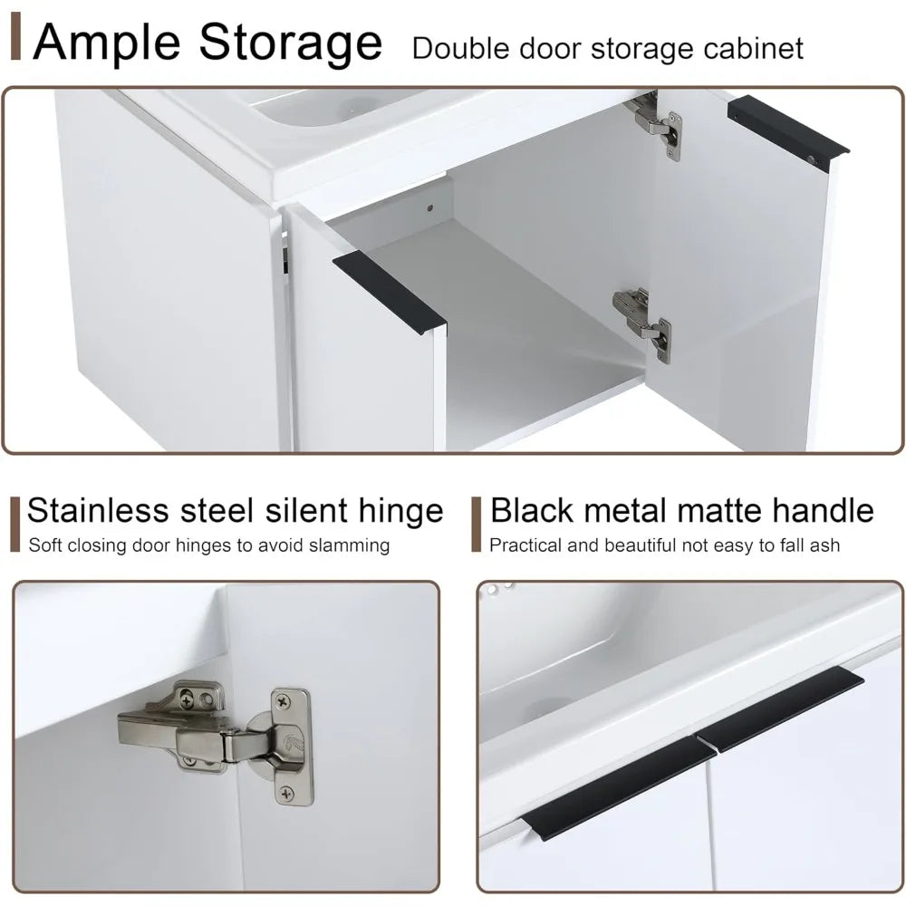24 Floating Bathroom Vanity with Sink, 24 Inch Single Sink Wall Mounted Bathroom Vanity, with 2 Doors and White Ceramic B