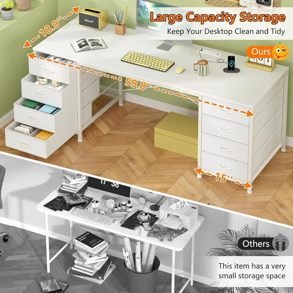 60 Inch Computer Desk with 8 Drawers, Home Office Desk with Power Outlets, Work Study Gaming Desk with 8 Fabric Drawers