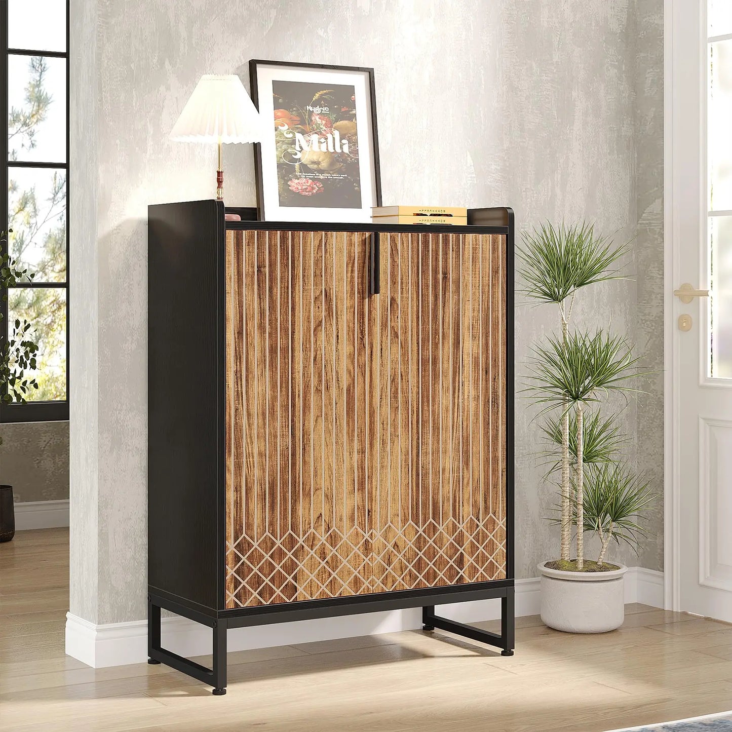 Tribesigns White Shoe Cabinets with Doors, 5-Tier Shoe Rack, Wood Storage Cabinet for Bedroom Hallway Living Room