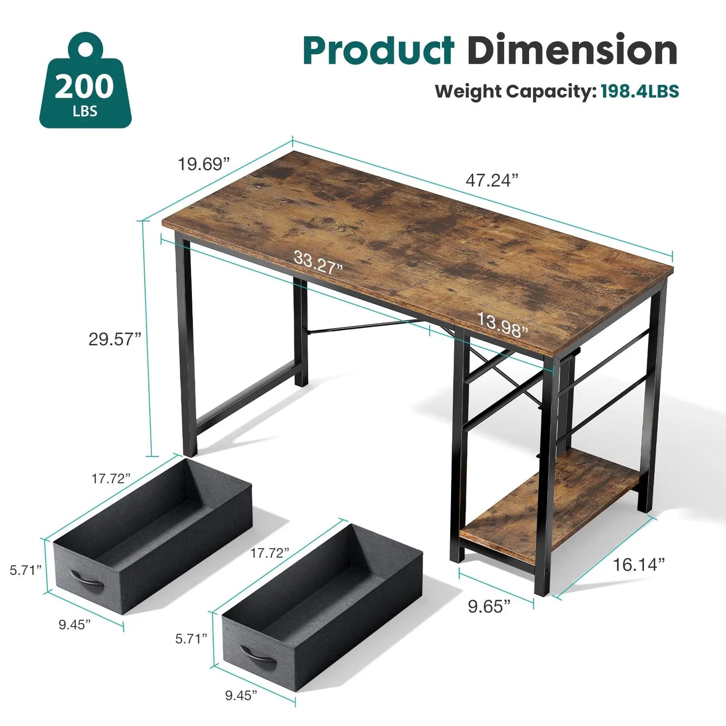 JHK 47In Computer Desk With 2 Adjustable Drawers For Office