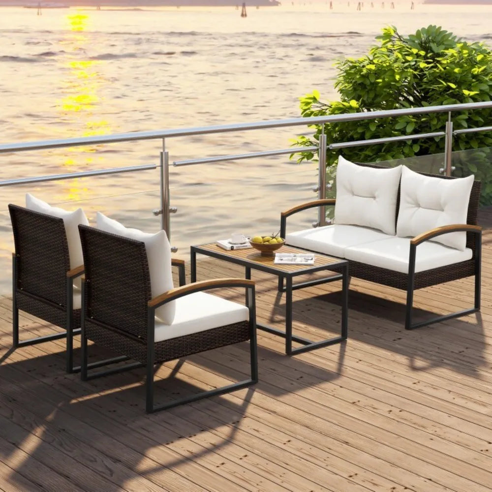 Outdoor Rattan Sofa Set With Tabletop And Cushions