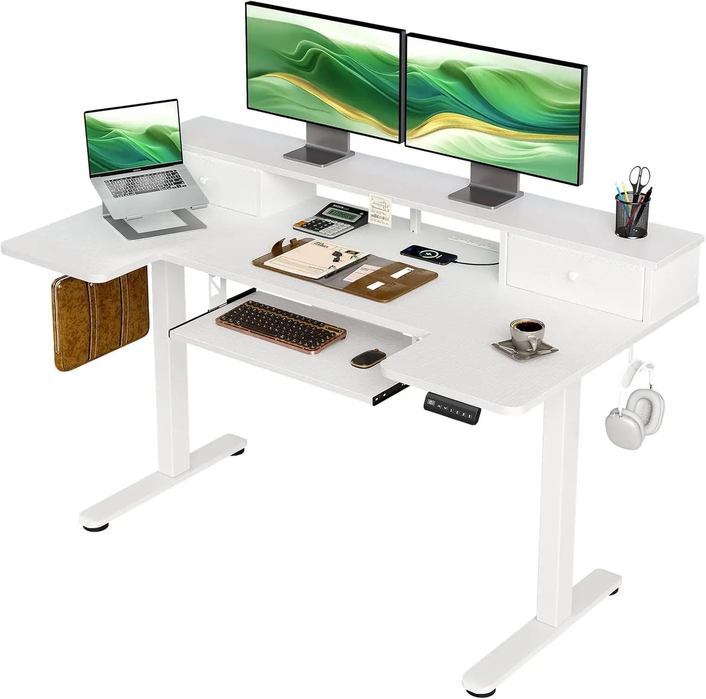 U Shaped Electric Standing Desk with Drawers, 55 Inch Height Adjustable Desk with Keyboard Tray ＆ Ergonomic Monitor Stand
