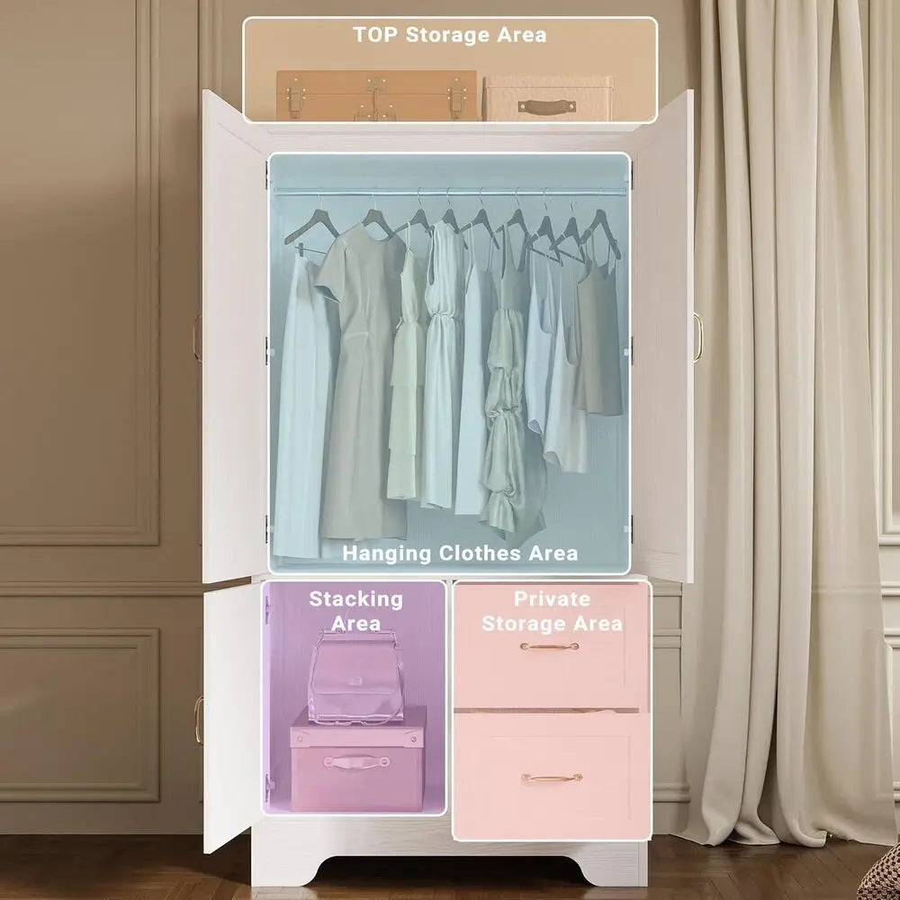 LIKIMIO Wardrobe Closet With Mirror Doors Drawers Shelves Ample Storage