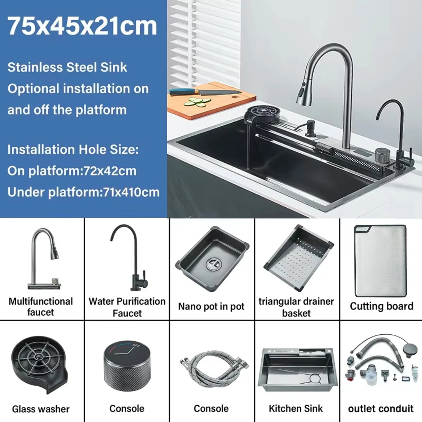 Stainless Steel Kitchen Faucet Set With Rainfall Spout Brushed Finish