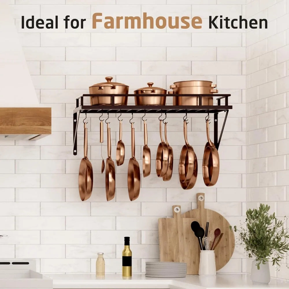KES 30-Inch Oiled Bronze Pot Rack, Wall Mounted Hanging Pot and Pan Organizer with 12 Sturdy Hooks, Kitchen Wall Hanger