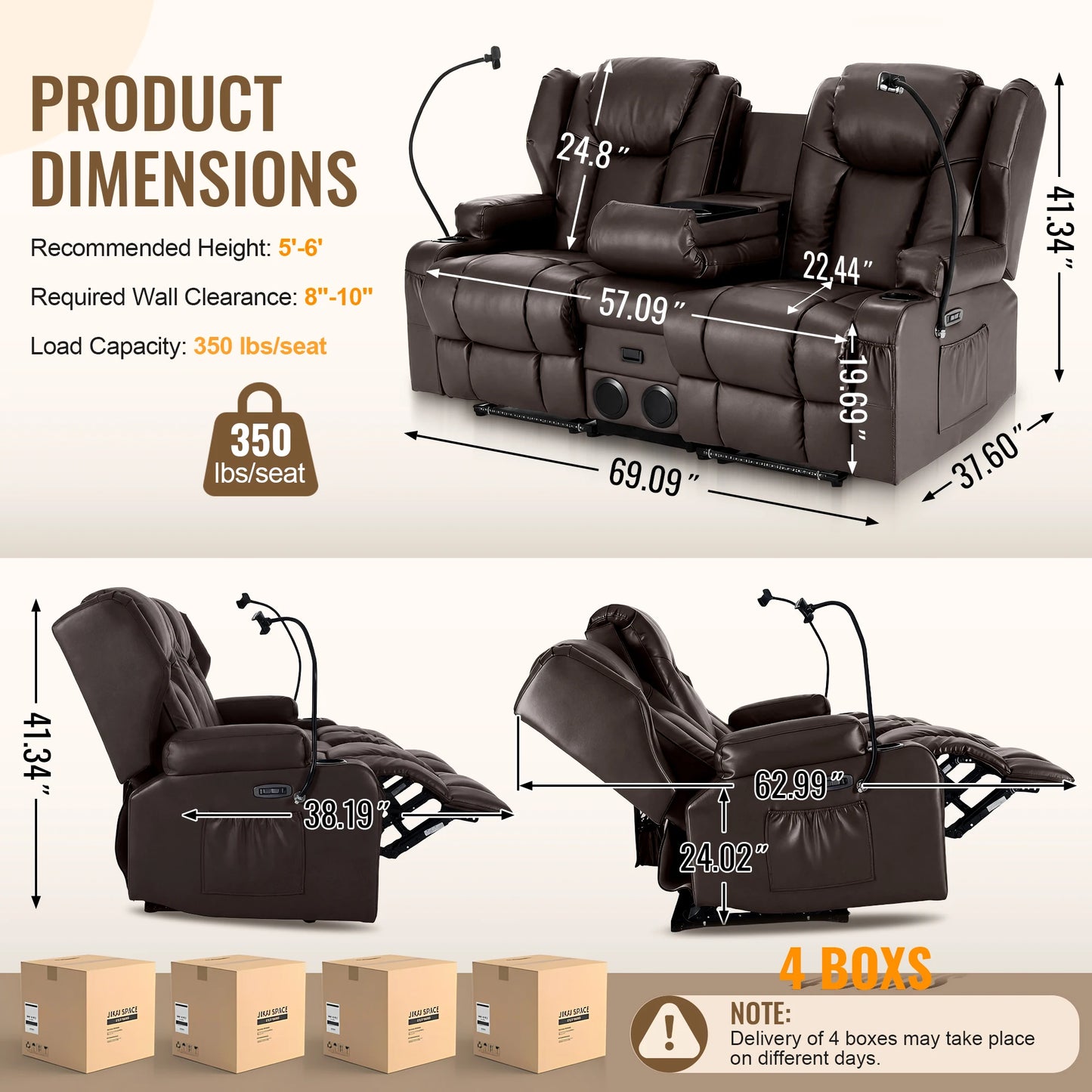 Redlife Loveseat Electric Recliner Sofa for Seniors, Massage & Heat,Dual Motor,350LBS Capacity,Cat-Claw Leather,For Living Room