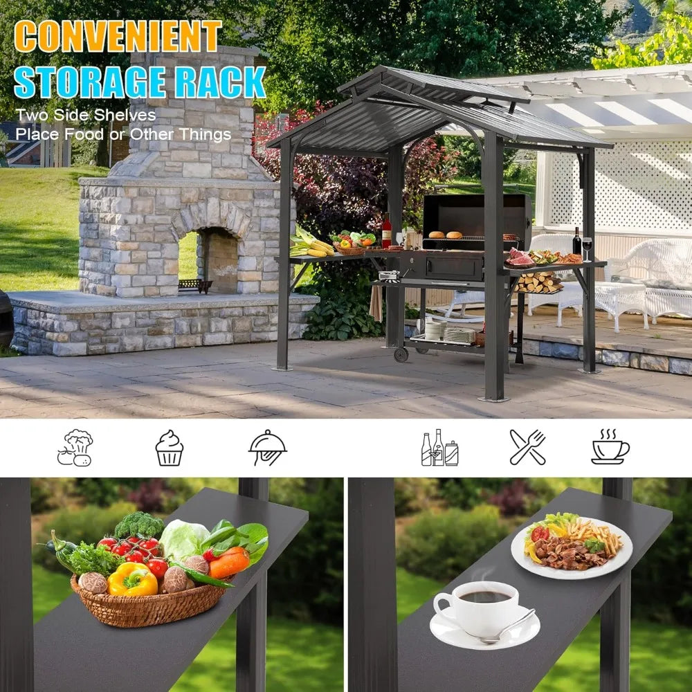 8x5FT Hardtop Grill Gazebo, Grill Canopy for Outdoor Grill w/Double Galvanized Steel Roof, 2 Side Shelves and Ceiling Hooks