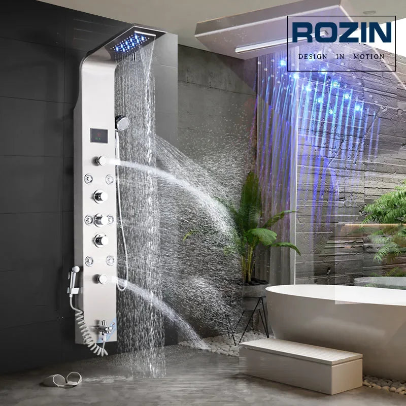 LED Bathroom Shower Panel With Intelligent LCD Display And 6 Modes Rain Massage Jet